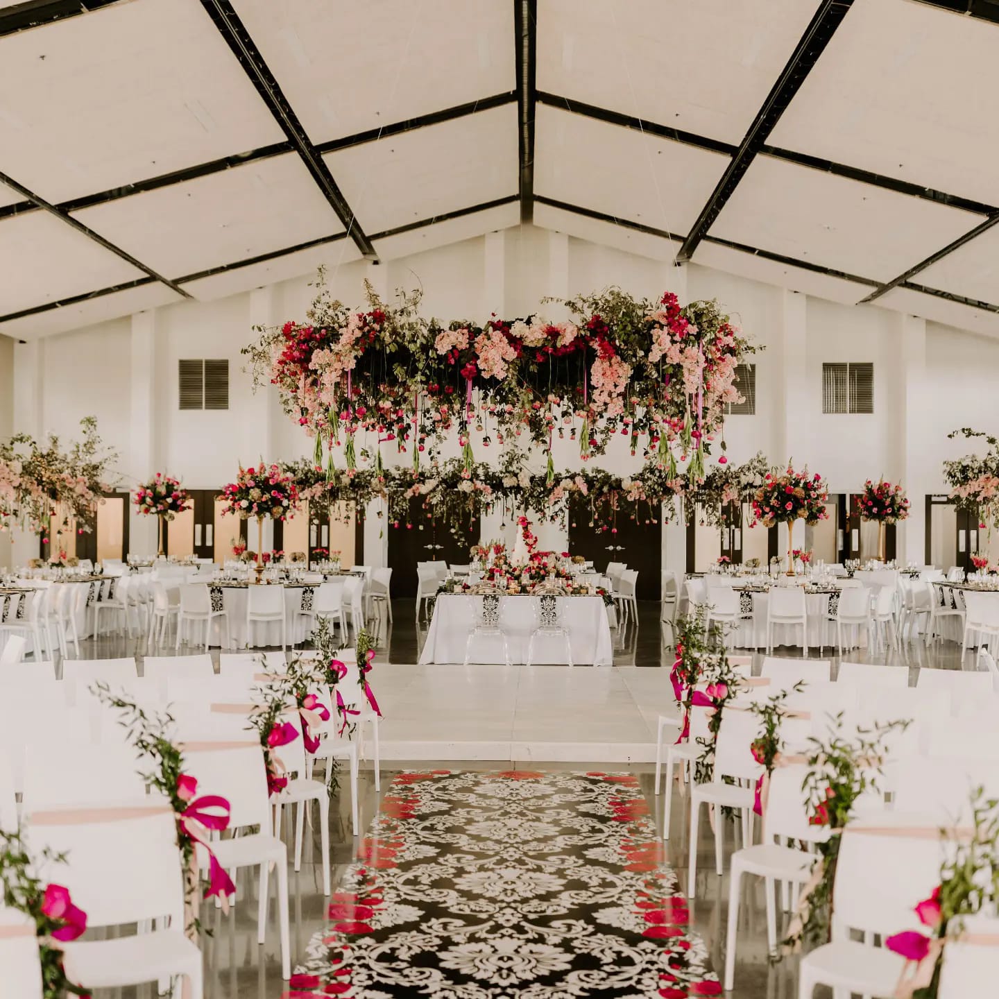 pink, black, and white wedding decor