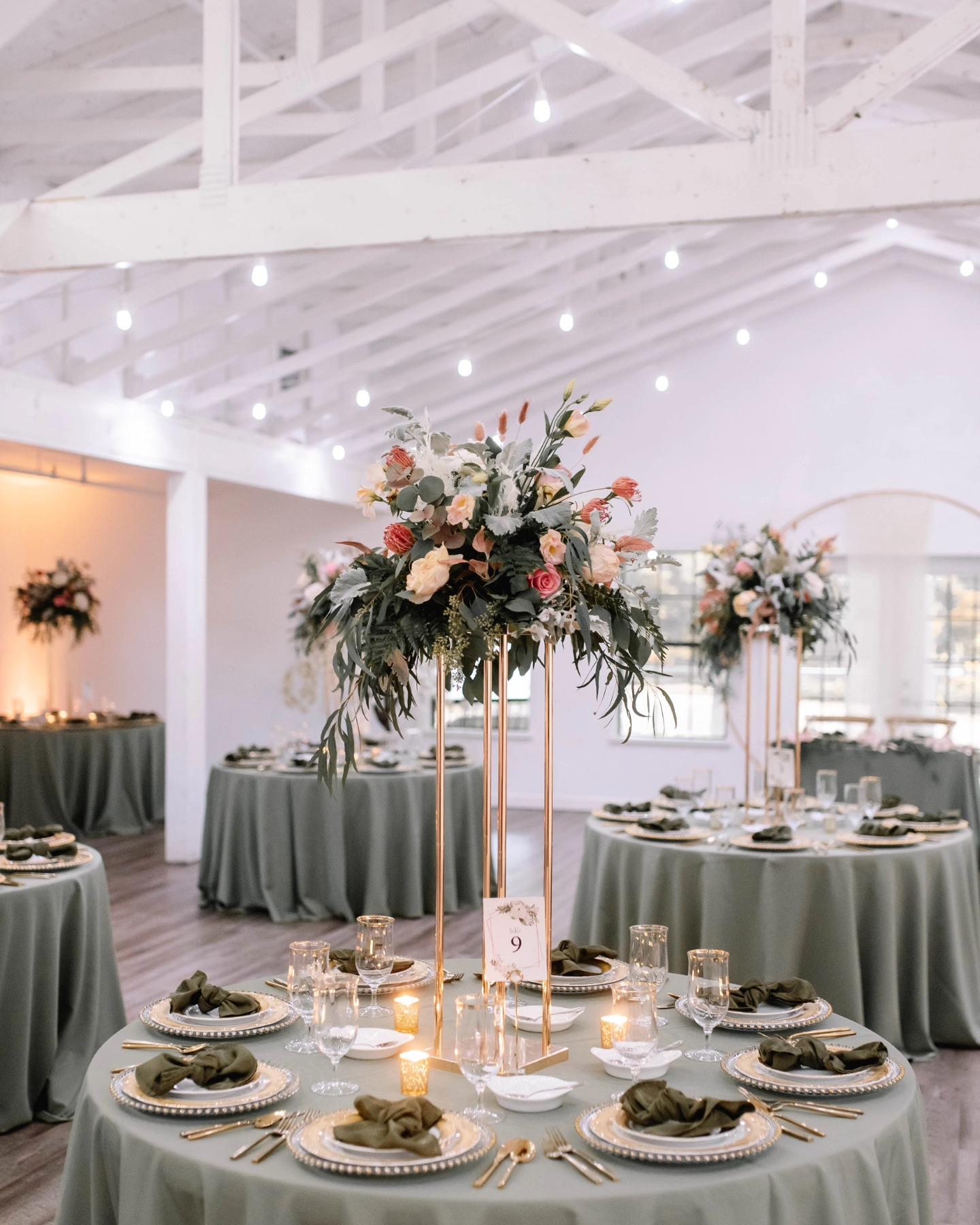 sage, pink, and gold wedding reception table