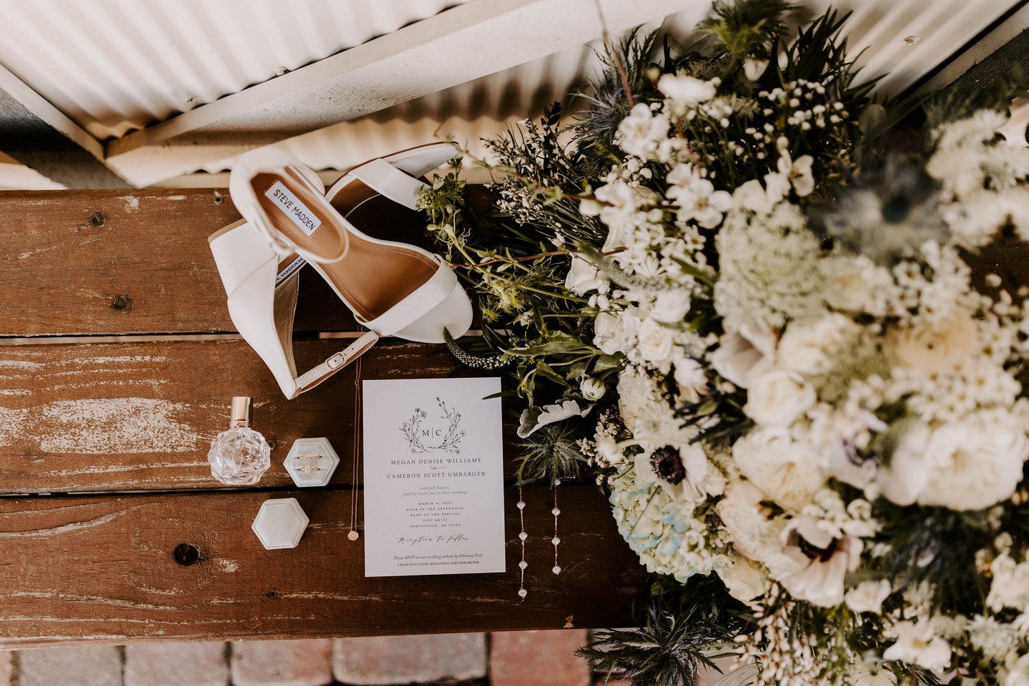 wedding heels, bridal bouquet, invitation, perfume, and rings