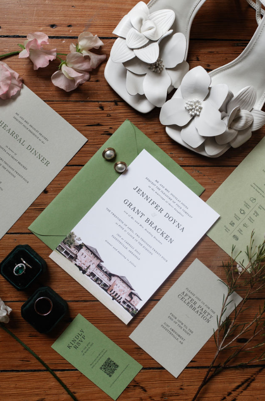 green and white flat lay wedding detail shot