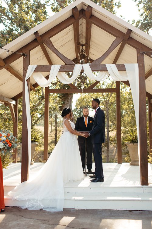 bride and groom saying vows during outdoor wedding ceremony